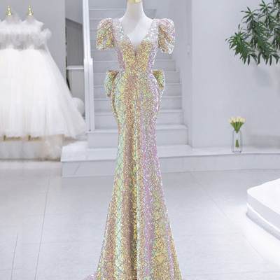 Mermaid sequins long prom dress, shiny v-neck party dress with bow - Thumbnail 1