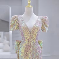 Mermaid Sequins Long Prom Dress, Shiny V-Neck Party Dress with Bow - Thumbnail 1