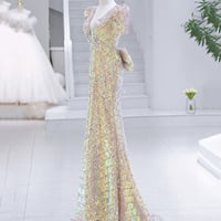 Mermaid Sequins Long Prom Dress, Shiny V-Neck Party Dress with Bow - Thumbnail 3