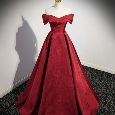 Burgundy satin long prom dress, simple off shoulder evening dress - Thumbnail 1