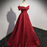 Burgundy Satin Long Prom Dress, Simple Off Shoulder Evening Dress - Thumbnail 2