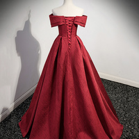 Burgundy Satin Long Prom Dress, Simple Off Shoulder Evening Dress - Thumbnail 3