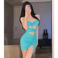 Blue Drawstring Bandage Cut Out Bodycon Dress - Thumbnail 3