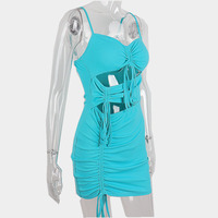 Blue Drawstring Bandage Cut Out Bodycon Dress - Thumbnail 5