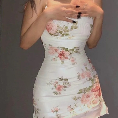 Floral mesh ruched bodycon dress 