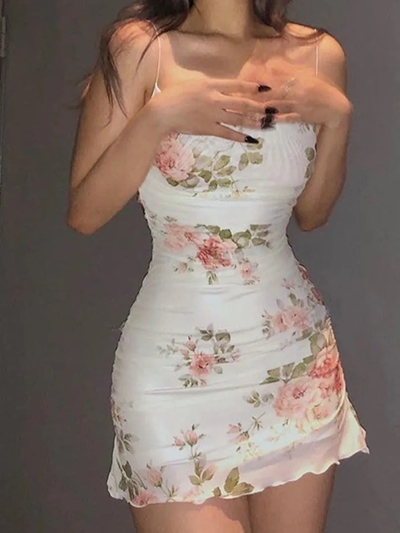 Floral Mesh Ruched Bodycon Dress 