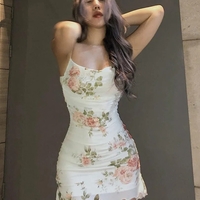 Floral Mesh Ruched Bodycon Dress  - Thumbnail 4