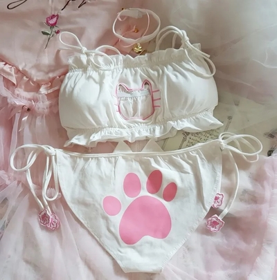 Cat Girl Hollow Out Chest Bra + Lace Up Underwear 