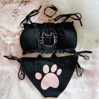 Cat Girl Hollow Out Chest Bra + Lace Up Underwear  - Thumbnail 2