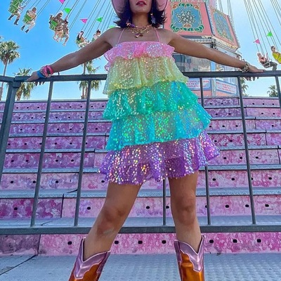 Rainbow sequin layered ruffle dress - Thumbnail 4