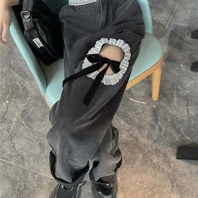 Chic ruffle lace up high waist jeans  - Thumbnail 4