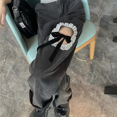 Chic Ruffle Lace Up High Waist Jeans 