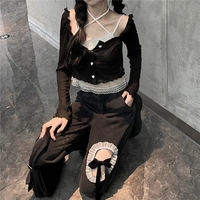 Chic Ruffle Lace Up High Waist Jeans  - Thumbnail 1