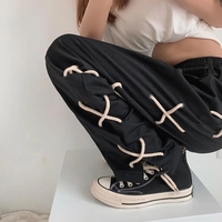 Black Lace Up Wide Leg Trousers  - Thumbnail 2