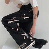 Black Lace Up Wide Leg Trousers  - Thumbnail 1