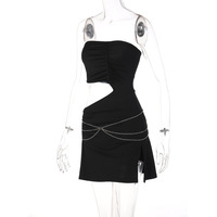 Black Strapless Chain Cut Out Split Mini Dress - Thumbnail 7