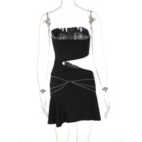 Black Strapless Chain Cut Out Split Mini Dress - Thumbnail 8