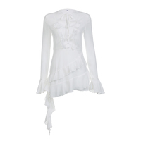 White Ruffle A-Line Chiffon Long Sleeve Flare Dress  - Thumbnail 1