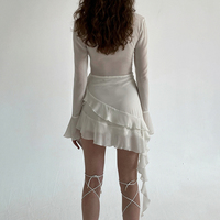 White Ruffle A-Line Chiffon Long Sleeve Flare Dress  - Thumbnail 2