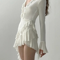 White Ruffle A-Line Chiffon Long Sleeve Flare Dress  - Thumbnail 3