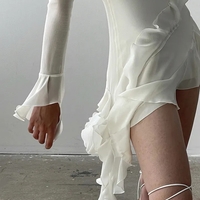 White Ruffle A-Line Chiffon Long Sleeve Flare Dress  - Thumbnail 5