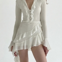White Ruffle A-Line Chiffon Long Sleeve Flare Dress  - Thumbnail 6