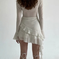 White Ruffle A-Line Chiffon Long Sleeve Flare Dress  - Thumbnail 7