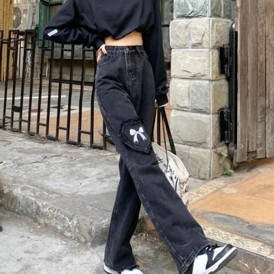 Black Denim Love Bow Embroidery High Waist Jeans