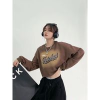 Brown Vintage Letter Print Oversized Long Sleeve Shirt  - Thumbnail 4