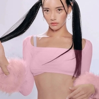 Pink Furry Cuff Long Sleeve Crop Top - Thumbnail 2