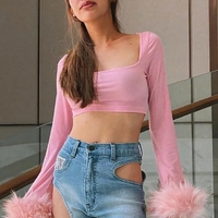 Pink Furry Cuff Long Sleeve Crop Top - Thumbnail 5