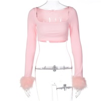 Pink Furry Cuff Long Sleeve Crop Top - Thumbnail 6