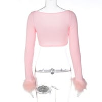 Pink Furry Cuff Long Sleeve Crop Top - Thumbnail 8