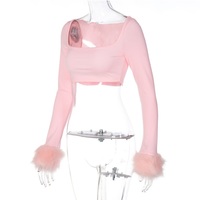 Pink Furry Cuff Long Sleeve Crop Top - Thumbnail 7