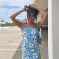 Blue Flower Lace Up Mini Dress - Thumbnail 2