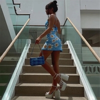 Blue Flower Lace Up Mini Dress - Thumbnail 3