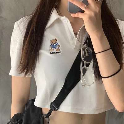 Teddy bear embroidery polo collar short sleeve shirt  - Thumbnail 2