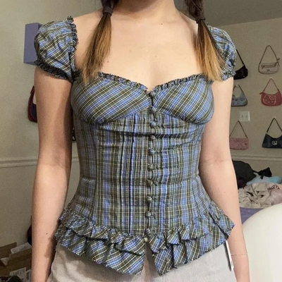 Plaid Milkmaid Ruffle Puff Sleeve Top