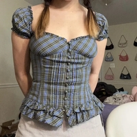 Plaid Milkmaid Ruffle Puff Sleeve Top - Thumbnail 1