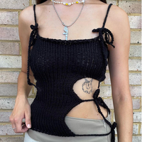 Black Knit Tie Up Backless Crop Top - Thumbnail 2
