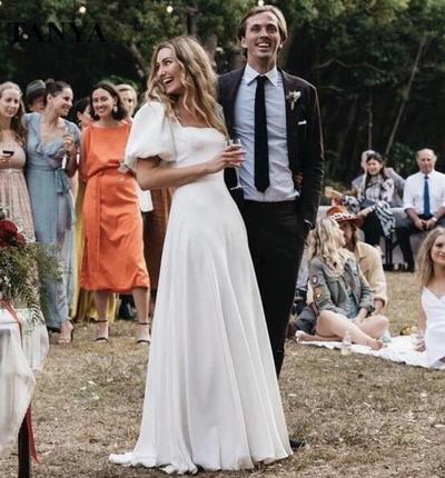 A Line Long Square Neck Sleeves Bridal Dresses