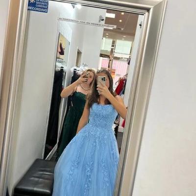 Spaghetti strap a line blue evening prom dresses - Thumbnail 3