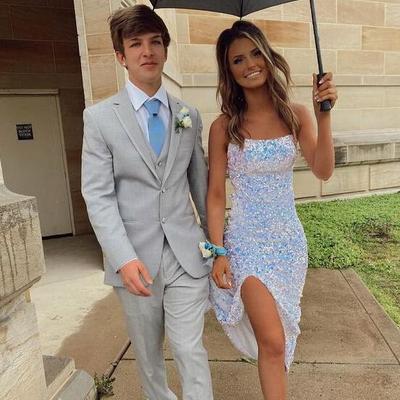 Sparkly mermaid white sequins long prom dresses with slit