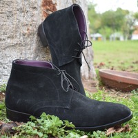Luxury Men's Hand Stitch Black Chukka Genuine Suede Boot, Lace Up Formal Boot - Thumbnail 1