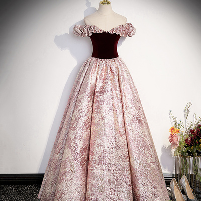 Cute a-line velvet satin long prom dress, pink off shoulder evening dress - Thumbnail 2
