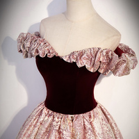 Cute A-Line Velvet Satin Long Prom Dress, Pink Off Shoulder Evening Dress - Thumbnail 1