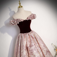 Cute A-Line Velvet Satin Long Prom Dress, Pink Off Shoulder Evening Dress - Thumbnail 2
