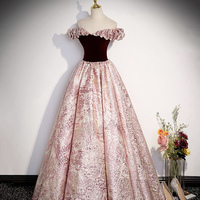 Cute A-Line Velvet Satin Long Prom Dress, Pink Off Shoulder Evening Dress - Thumbnail 3