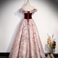 Cute A-Line Velvet Satin Long Prom Dress, Pink Off Shoulder Evening Dress - Thumbnail 4