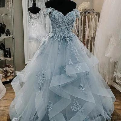Off shoulder tulle lace long ball gown prom dresses